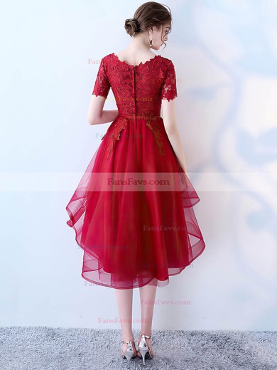 A-line Scoop Neck Tulle Asymmetrical Appliques Lace Prom Dresses #Favs020105383