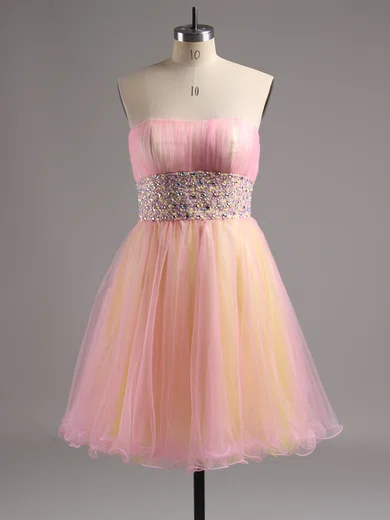 Ball Gown Strapless Short/Mini Tulle Prom Dresses with Beading Ruffle #Favs02014572
