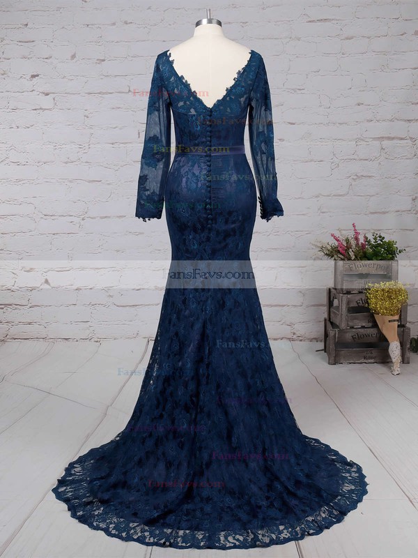 Dark Navy Lace V-neck Trumpet/Mermaid New Long Sleeves Prom Dress #Favs02019085