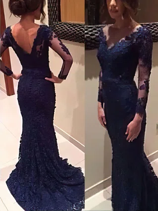 Dark Navy Lace V-neck Trumpet/Mermaid New Long Sleeves Prom Dress #Favs02019085 Dark Navy Lace V-neck Trumpet/Mermaid New Long Sleeves Prom Dress #Favs02019085