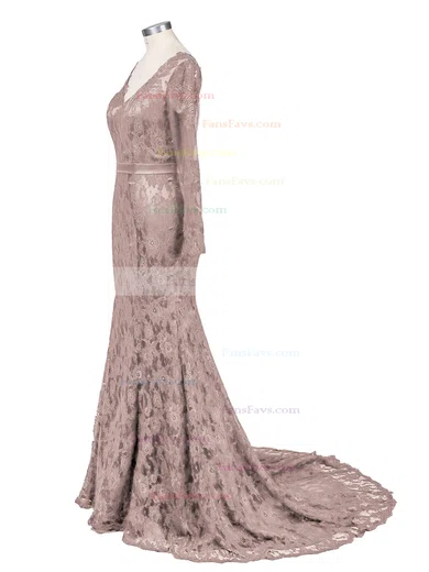 Dark Navy Lace V-neck Trumpet/Mermaid New Long Sleeves Prom Dress #Favs02019085