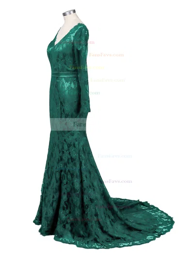 Dark Navy Lace V-neck Trumpet/Mermaid New Long Sleeves Prom Dress #Favs02019085