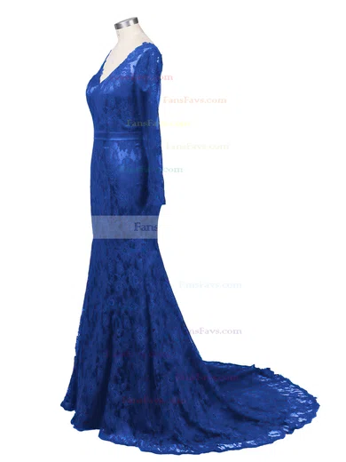 Dark Navy Lace V-neck Trumpet/Mermaid New Long Sleeves Prom Dress #Favs02019085