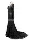 Dark Navy Lace V-neck Trumpet/Mermaid New Long Sleeves Prom Dress #Favs02019085