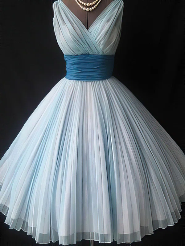 A-line V-neck Short/Mini Tulle Prom Dresses with Pleats Sashes #Favs02016779