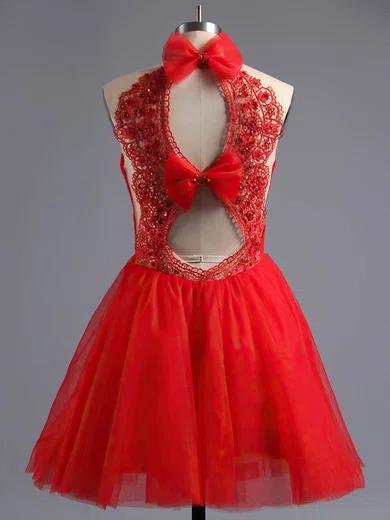A-line Scoop Neck Tulle Short/Mini Beading Short Prom Dresses #Favs02016973