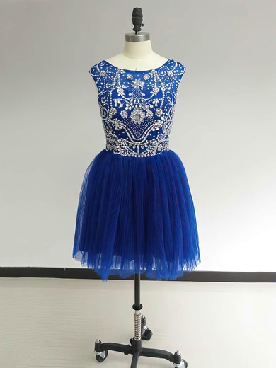 Scoop Neck Royal Blue Tulle Ruffles Beading Cute Short/Mini Prom Dress #Favs02017469