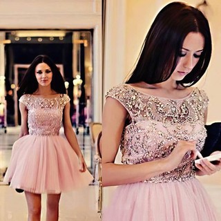 A-line Scoop Neck Tulle Short/Mini Beading Short Prom Dresses #Favs02018794 A-line Scoop Neck Tulle Short/Mini Beading Short Prom Dresses #Favs02018794