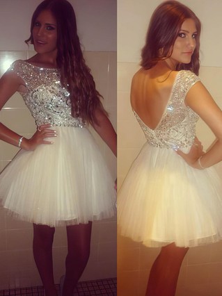 Short/Mini Open Back Ivory Tulle Scoop Neck Crystal Short Prom Dresses #Favs02018983 Short/Mini Open Back Ivory Tulle Scoop Neck Crystal Short Prom Dresses #Favs02018983