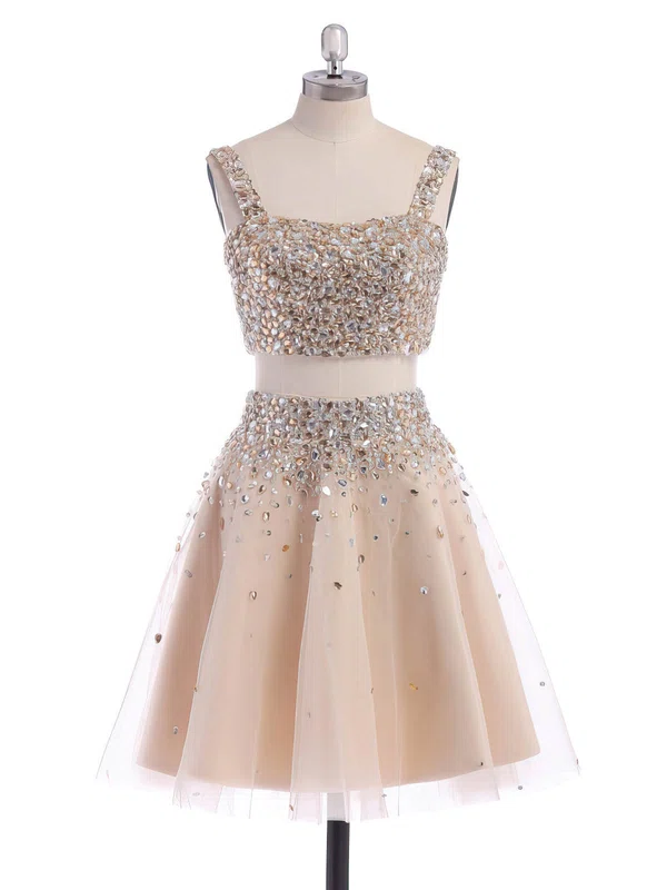 A-line Square Neckline Tulle Short/Mini Beading Short Prom Dresses #Favs02019194