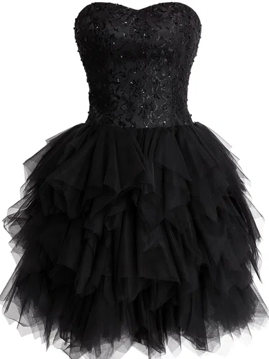 Black Short/Mini Tulle Sweetheart Lace and Tiered Fashionable Short Prom Dresses #Favs02019798