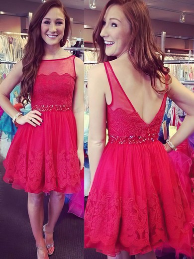 A-line Scoop Neck Short/Mini Tulle Prom Dresses with Appliques Lace Beading #Favs02019833