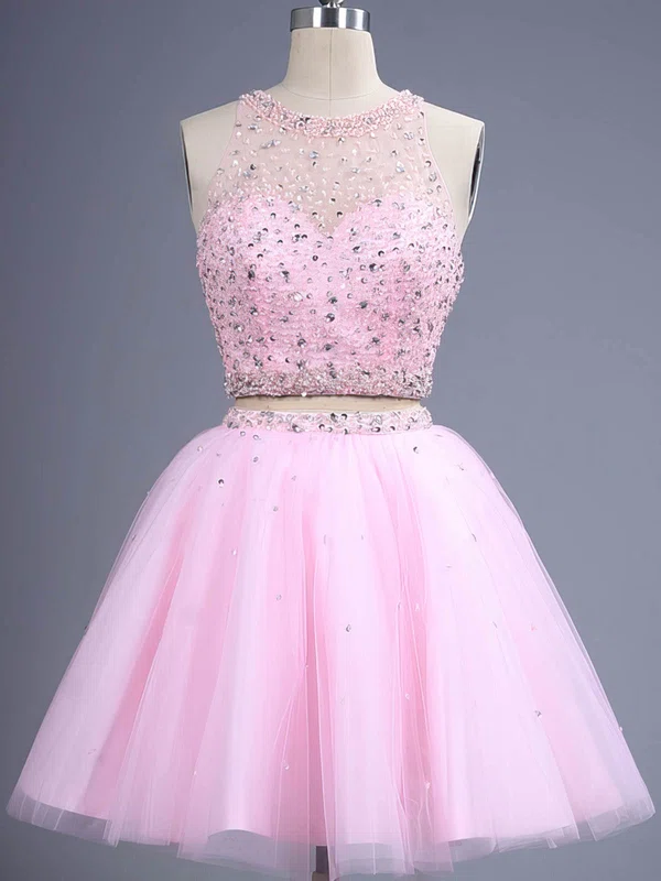 Trendy Two Piece Short/Mini Scoop Neck Pink Tulle Beading Short Prom Dresses #Favs02019884