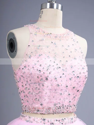 Trendy Two Piece Short/Mini Scoop Neck Pink Tulle Beading Short Prom Dresses #Favs02019884