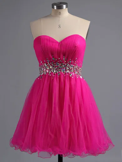 A-line Sweetheart Tulle Short/Mini Beading Short Prom Dresses #Favs02041945