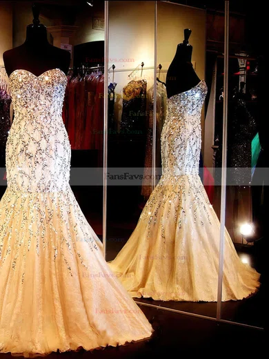 Trumpet/Mermaid Sweetheart Lace Tulle Sweep Train Beading Prom Dresses #Favs02023522