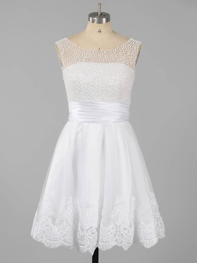A-line Scoop Neck Tulle Short/Mini Beading Short Prom Dresses #Favs02051621
