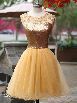 Cute Scoop Neck Gold Tulle Sequined Open Back Short/Mini Short Prom Dresses #Favs02016919 Cute Scoop Neck Gold Tulle Sequined Open Back Short/Mini Short Prom Dresses #Favs02016919