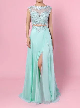 A-line Scoop Neck Chiffon Sweep Train Appliques Lace Prom Dresses #Favs020105059