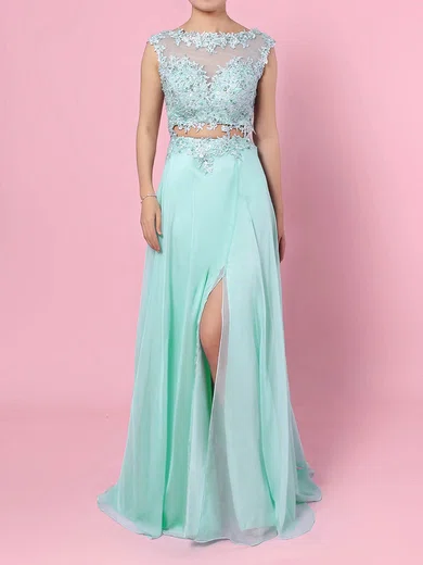 A-line Scoop Neck Chiffon Sweep Train Appliques Lace Prom Dresses #Favs020105059