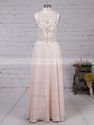 A-line Scoop Neck Chiffon Floor-length Beading Prom Dresses #Favs020100026