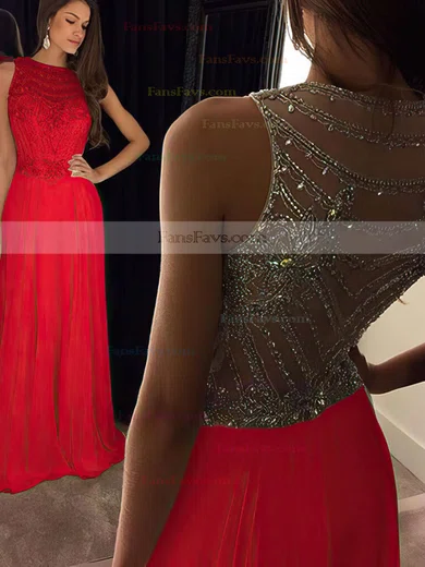 A-line Scoop Neck Chiffon Floor-length Beading Prom Dresses #Favs020100026