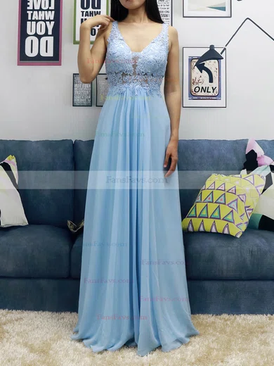 A-line V-neck Chiffon Floor-length Beading Prom Dresses #Favs020105038