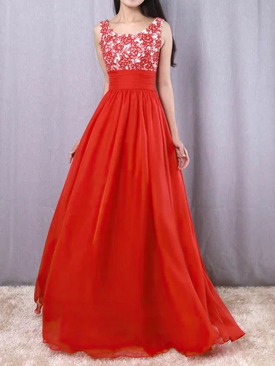 A-line Scoop Neck Chiffon Floor-length Beading Prom Dresses #Favs020105043