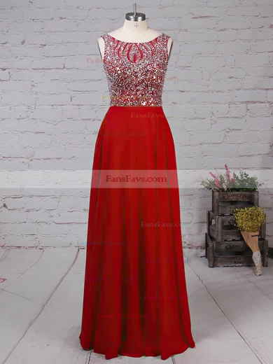 A-line Scoop Neck Chiffon Floor-length Beading Prom Dresses #Favs020105045
