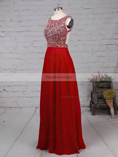 A-line Scoop Neck Chiffon Floor-length Beading Prom Dresses #Favs020105045