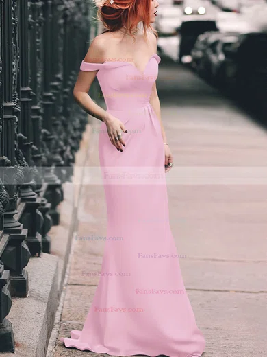 Sheath/Column Off-the-shoulder Silk-like Satin Floor-length Split Front Prom Dresses #Favs020105047