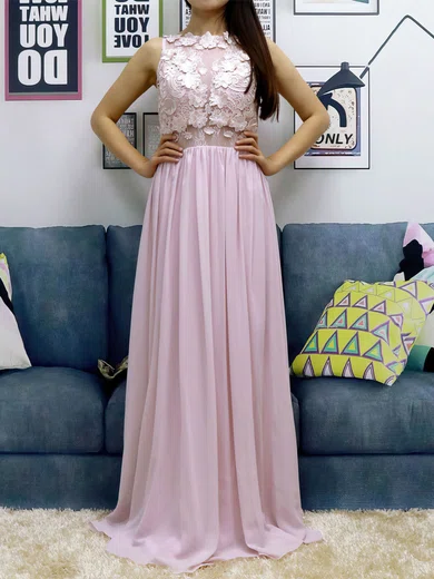 A-line Scoop Neck Lace Chiffon Floor-length Appliques Lace Prom Dresses #Favs020105054