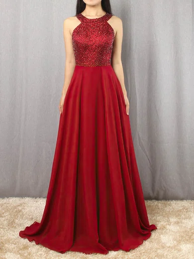 A-line Scoop Neck Chiffon Sweep Train Beading Prom Dresses #Favs020105055
