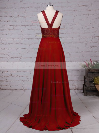 A-line Scoop Neck Chiffon Sweep Train Beading Prom Dresses #Favs020105055
