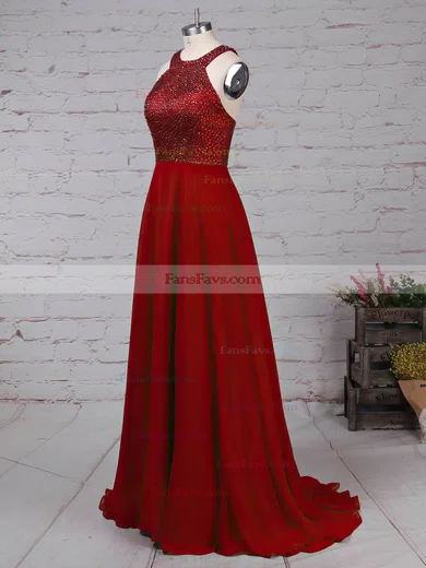 A-line Scoop Neck Chiffon Sweep Train Beading Prom Dresses #Favs020105055