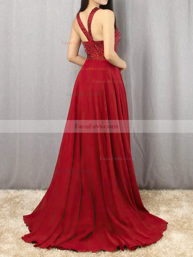 A-line Scoop Neck Chiffon Sweep Train Beading Prom Dresses #Favs020105055