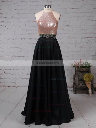 A-line Scoop Neck Satin Sequined Floor-length Beading Prom Dresses #Favs020105061