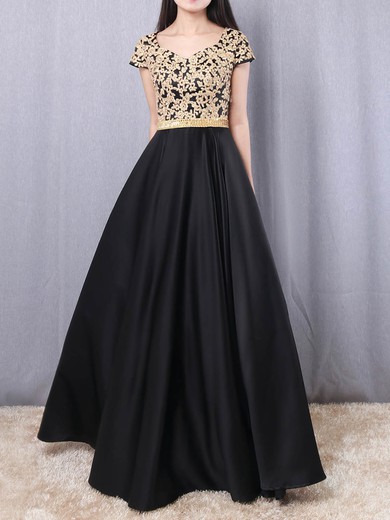 Princess V-neck Satin Floor-length Appliques Lace Prom Dresses #Favs020105063