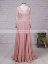 A-line V-neck Chiffon Sweep Train Beading Prom Dresses #Favs020105065