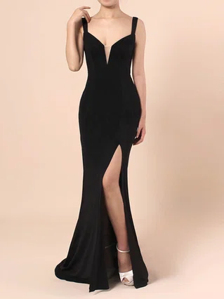 Sheath/Column V-neck Jersey Sweep Train Split Front Prom Dresses #Favs020105069