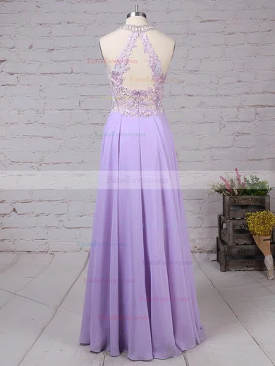 A-line Scoop Neck Chiffon Sweep Train Beading Prom Dresses #Favs020105074