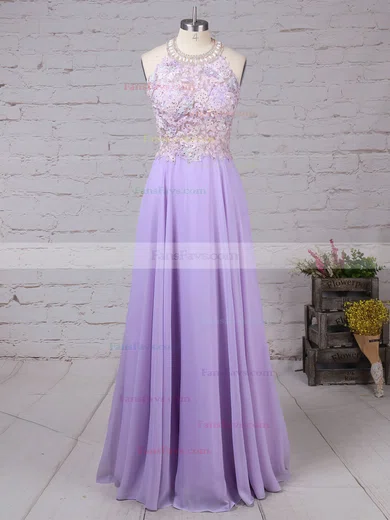 A-line Scoop Neck Chiffon Sweep Train Beading Prom Dresses #Favs020105074