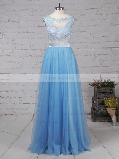 A-line Scoop Neck Tulle Sweep Train Appliques Lace Prom Dresses #Favs020105076