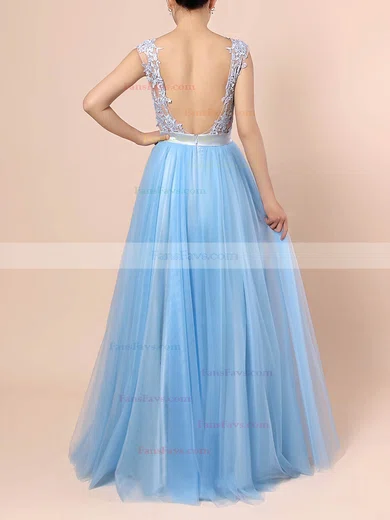A-line Scoop Neck Tulle Sweep Train Appliques Lace Prom Dresses #Favs020105076