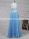 A-line Scoop Neck Tulle Sweep Train Appliques Lace Prom Dresses #Favs020105076
