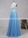 A-line Scoop Neck Tulle Sweep Train Appliques Lace Prom Dresses #Favs020105076