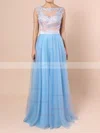 A-line Scoop Neck Tulle Sweep Train Appliques Lace Prom Dresses #Favs020105076