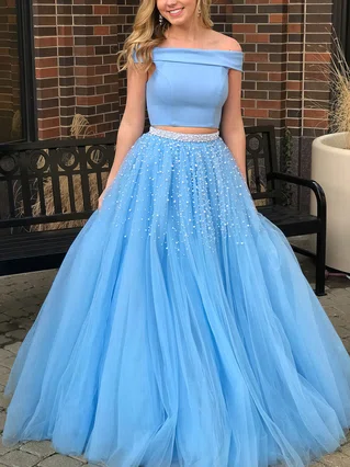Princess Off-the-shoulder Tulle Floor-length Pearl Detailing Prom Dresses #Favs020105077 Princess Off-the-shoulder Tulle Floor-length Pearl Detailing Prom Dresses #Favs020105077