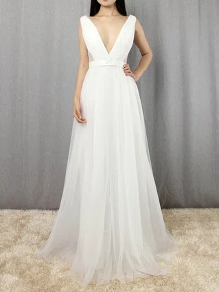 A-line V-neck Tulle Floor-length Sashes / Ribbons Prom Dresses #Favs020105079 A-line V-neck Tulle Floor-length Sashes / Ribbons Prom Dresses #Favs020105079