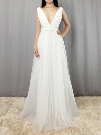 A-line V-neck Tulle Floor-length Sashes / Ribbons Prom Dresses #Favs020105079